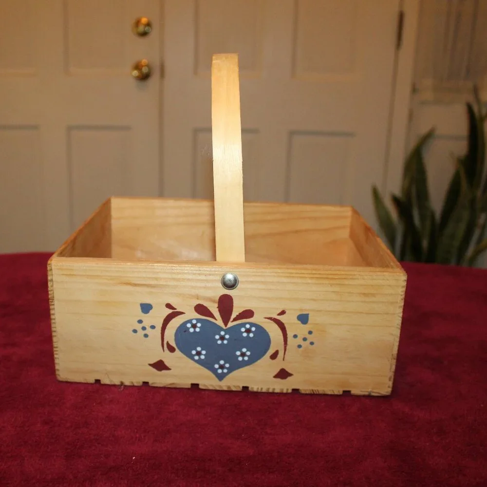 Vintage Rectangular Basket with Handle, Blue Heart Accent